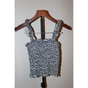 Old Navy Women's XS Navy Blue White Ditsy Floral Smocked Ruffle Crop Top